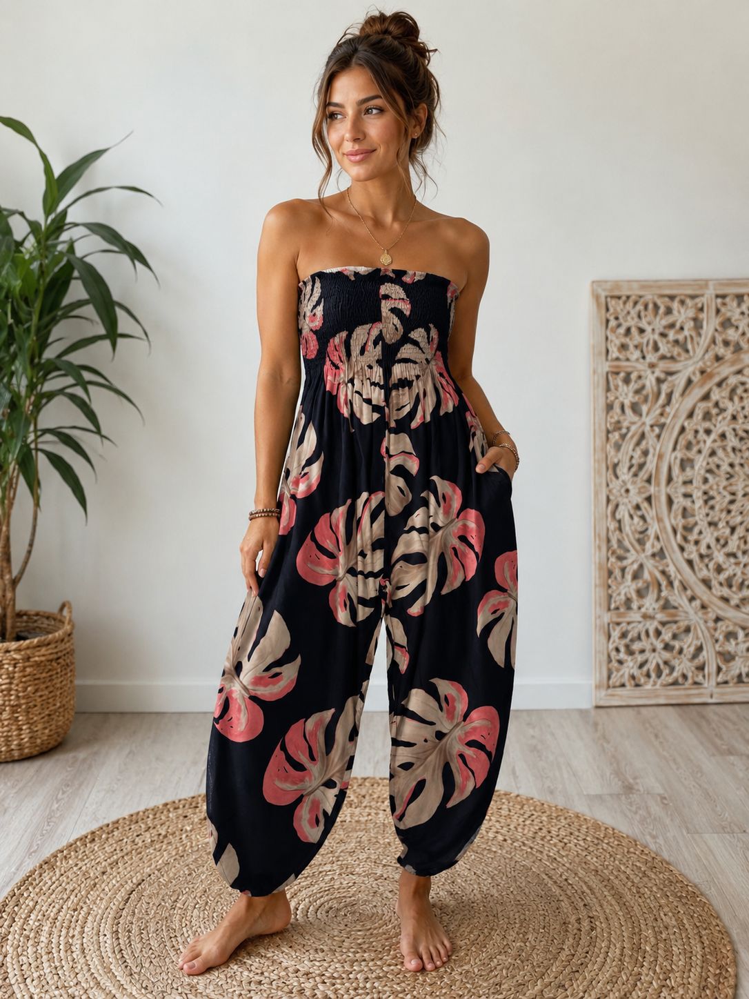 Shirred Elastic Bandeau Leaf Print Jumpsuit