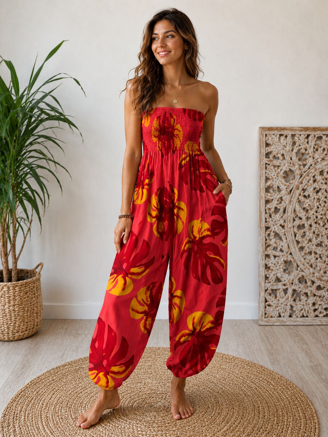 Shirred Elastic Bandeau Leaf Print Jumpsuit