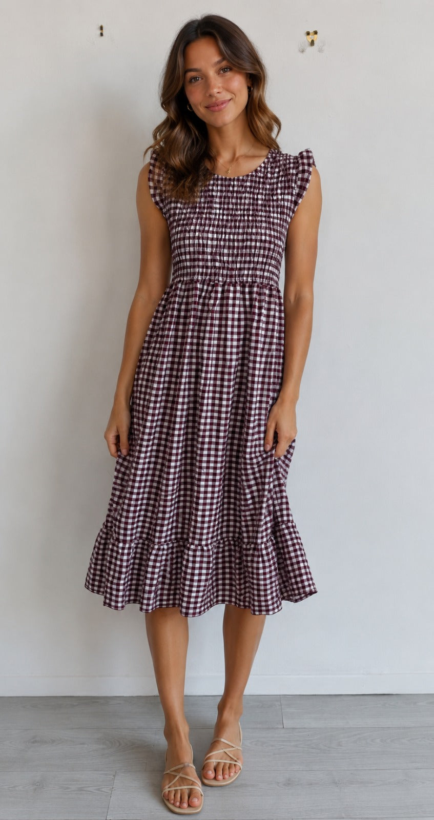 Shirred Elasticated Gingham Midi Dress Lagenlook