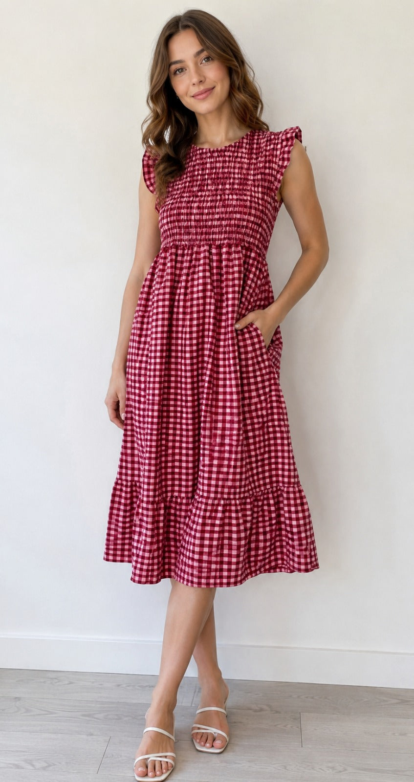 Shirred Elasticated Gingham Midi Dress Lagenlook