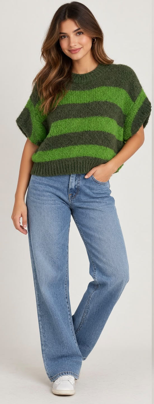 Chunky Knit Striped  Cap Sleeve Sweater
