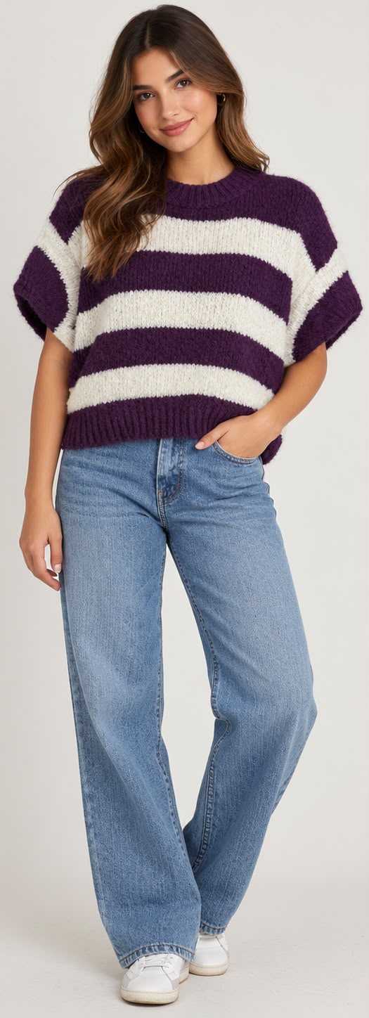 Chunky Knit Striped  Cap Sleeve Sweater
