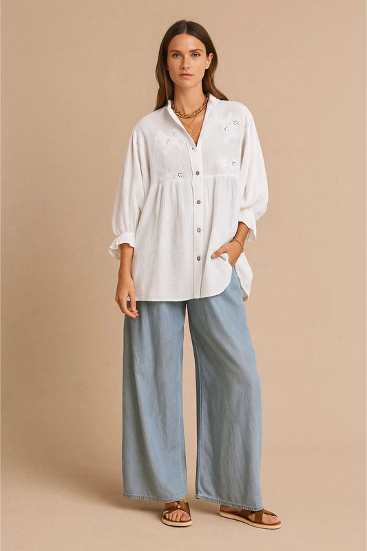 Cotton Embroided Smock Shirt Top