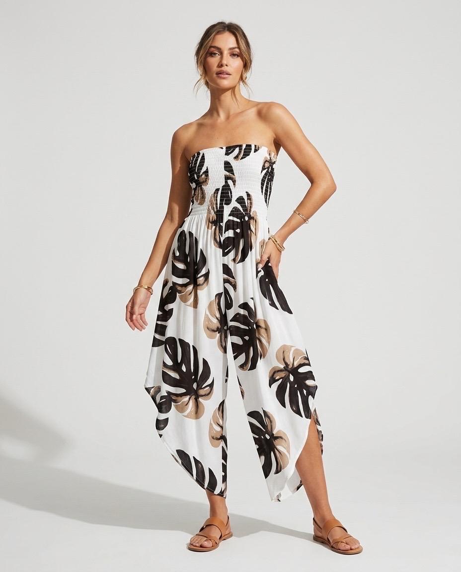 Shirred Elastic Bandeau Leaf Print Jumpsuit