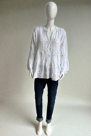 Made in Italy Waffle Cotton Embroided Smock Top
