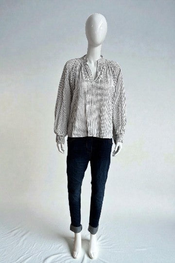 Gingham Peasant Blouse with Smocked Cuffs