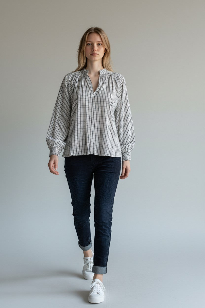 Gingham Peasant Blouse with Smocked Cuffs