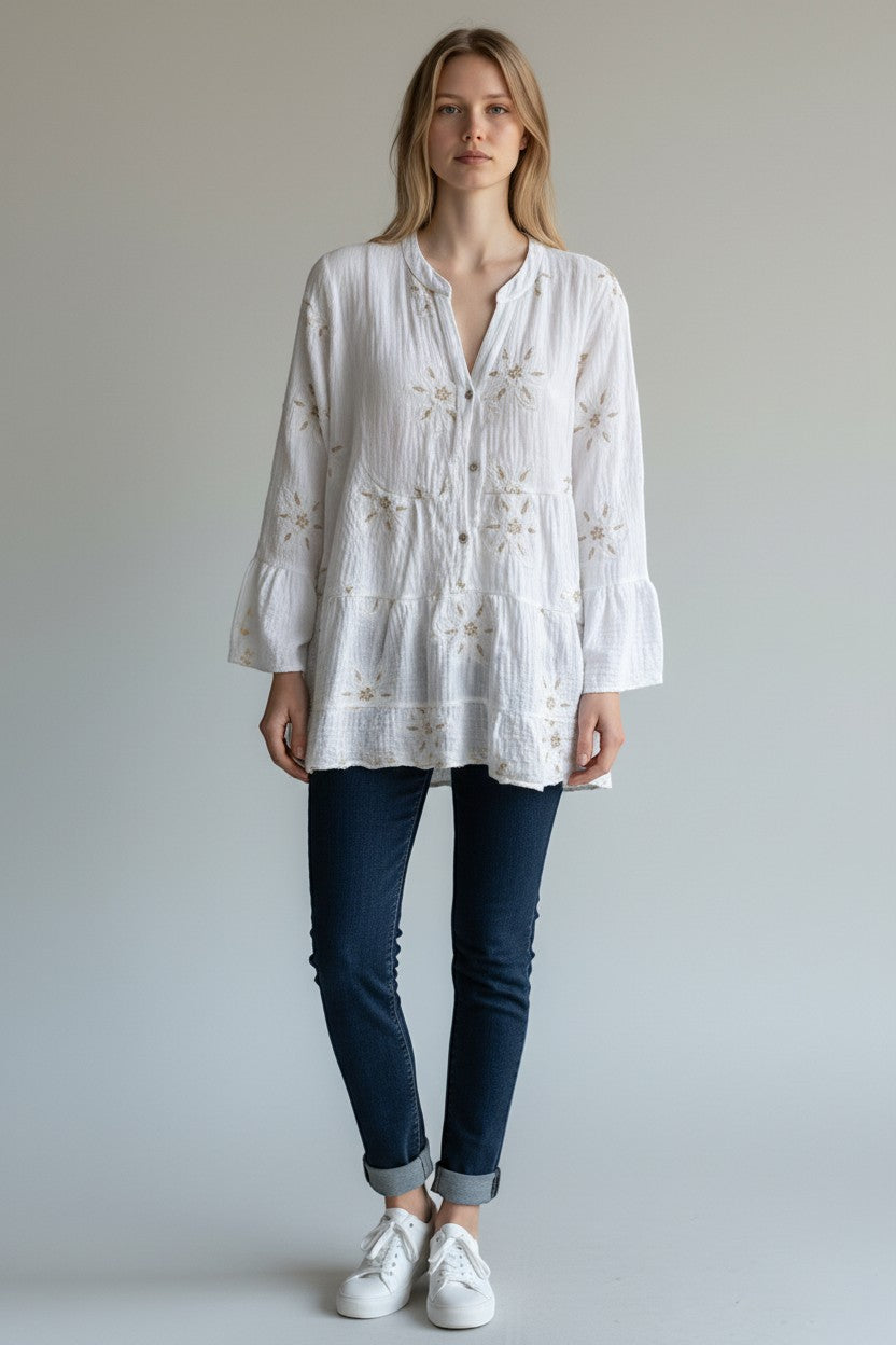 Made in Italy Waffle Cotton Embroided Smock Top