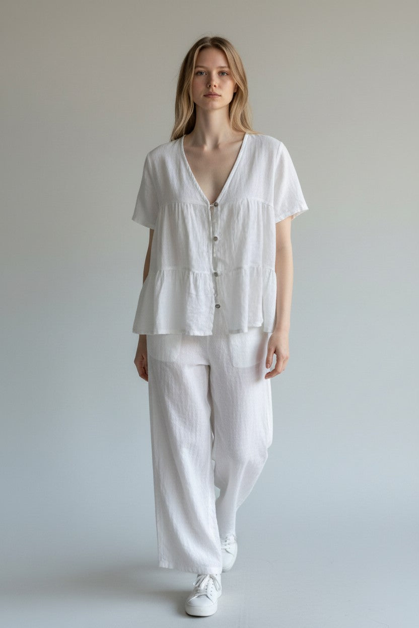 Linen Button Front Tier Top Lagenlook
