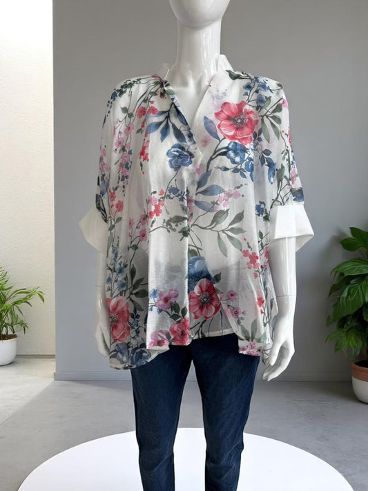 Floral Tencel Cuff Sleeve Top Lagenlook