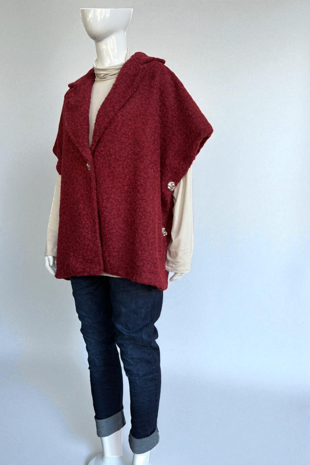 Women's Textured Wool Sleeveless Cape Jacket with Side Buttons