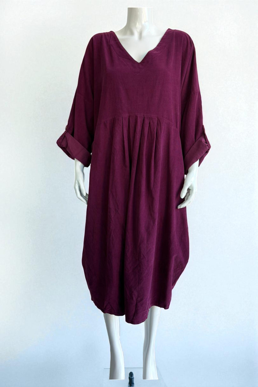 Made in Italy V Neck Corduroy Pleat Dress