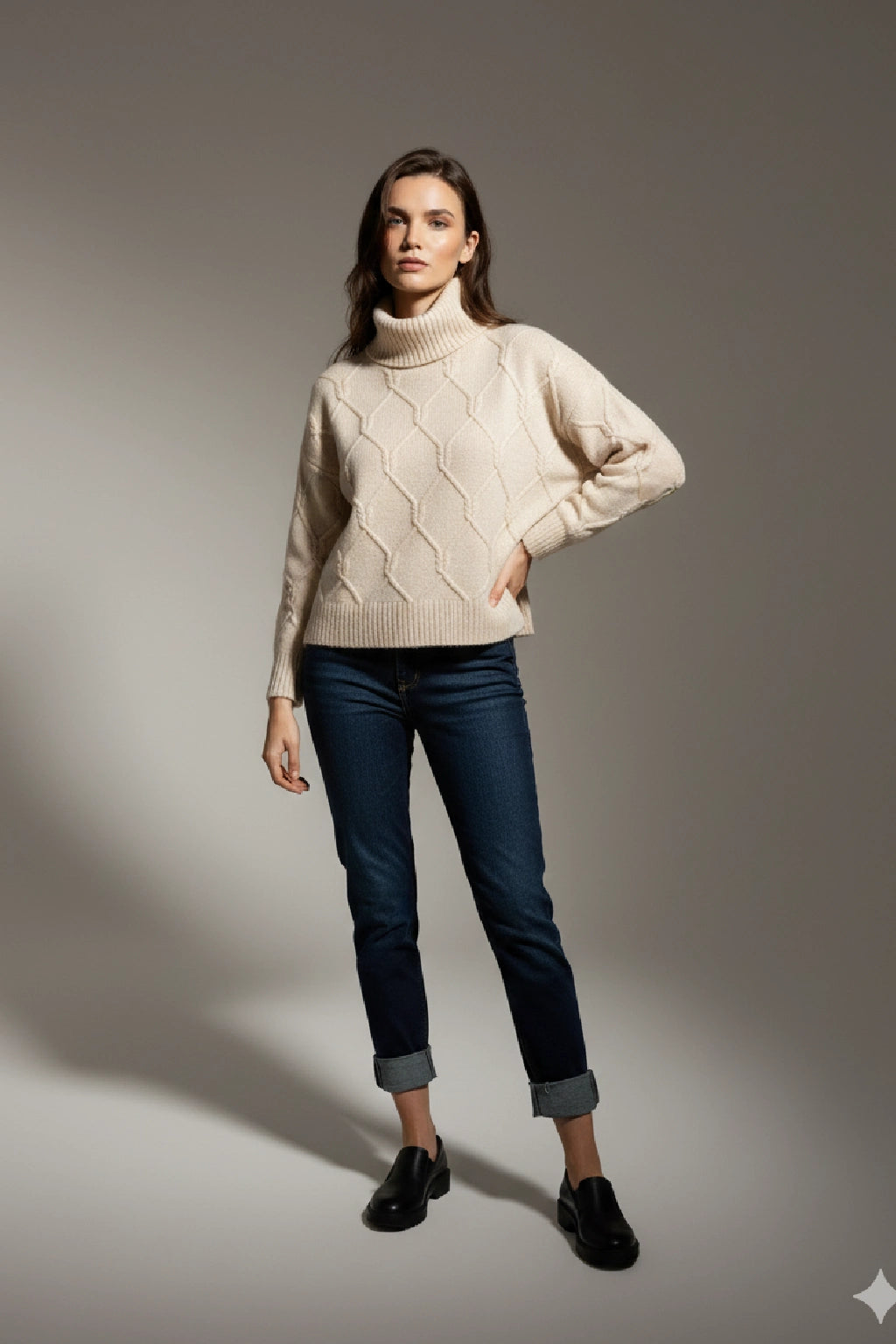 Women's Diamond Knit Polo Neck Jumper