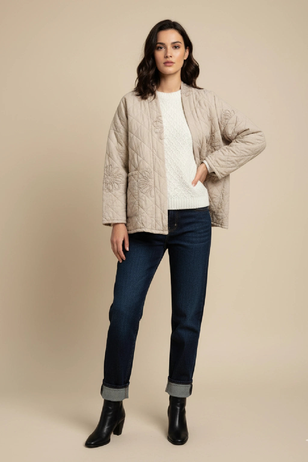 Quilted Kimono-Style Jacket with Floral Embroidery