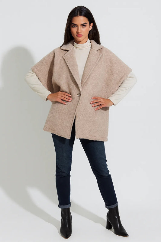 Women's Textured Wool Sleeveless Cape Jacket with Side Buttons