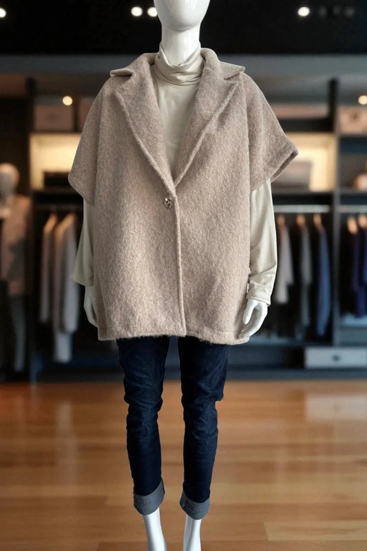 Women's Textured Wool Sleeveless Cape Jacket with Side Buttons