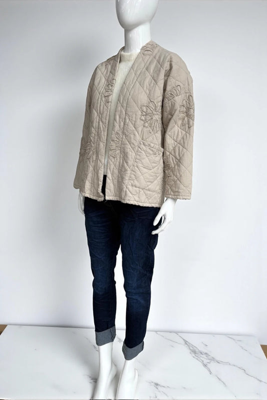 Quilted Kimono-Style Jacket with Floral Embroidery