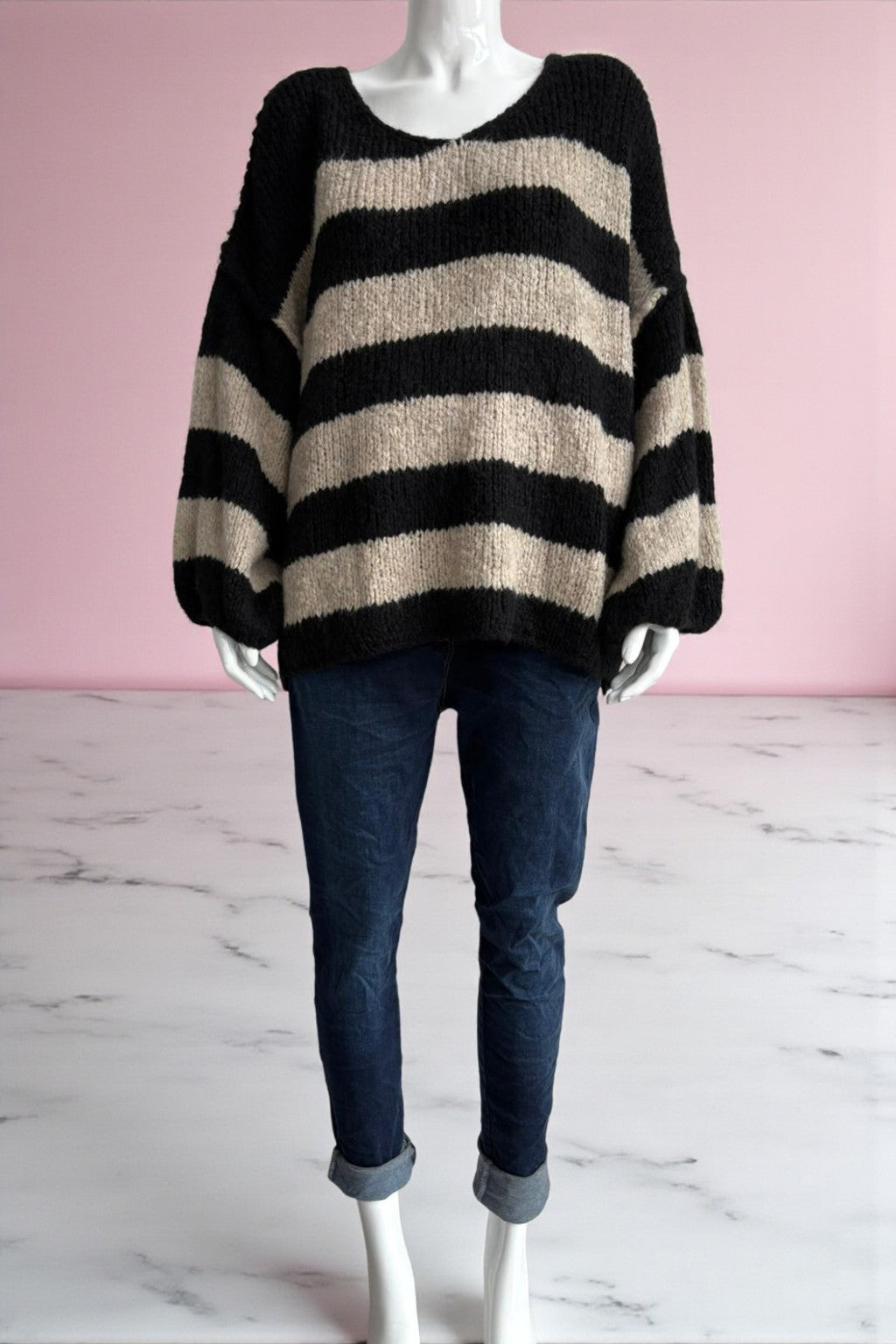 Wool V Neck Seam Out Stripe Jumper
