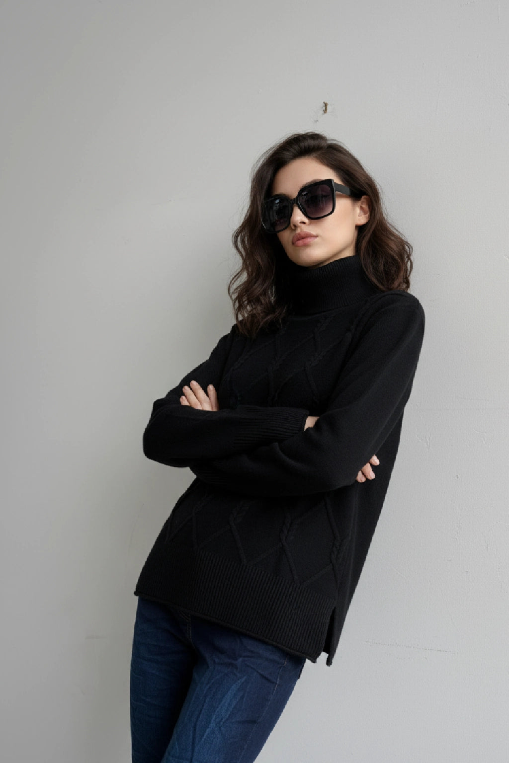 Women's Diamond Knit Polo Neck Jumper