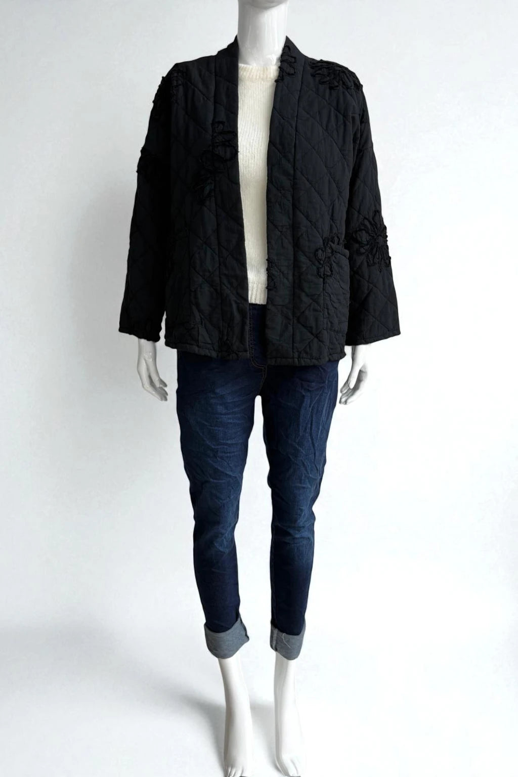 Quilted Kimono-Style Jacket with Floral Embroidery