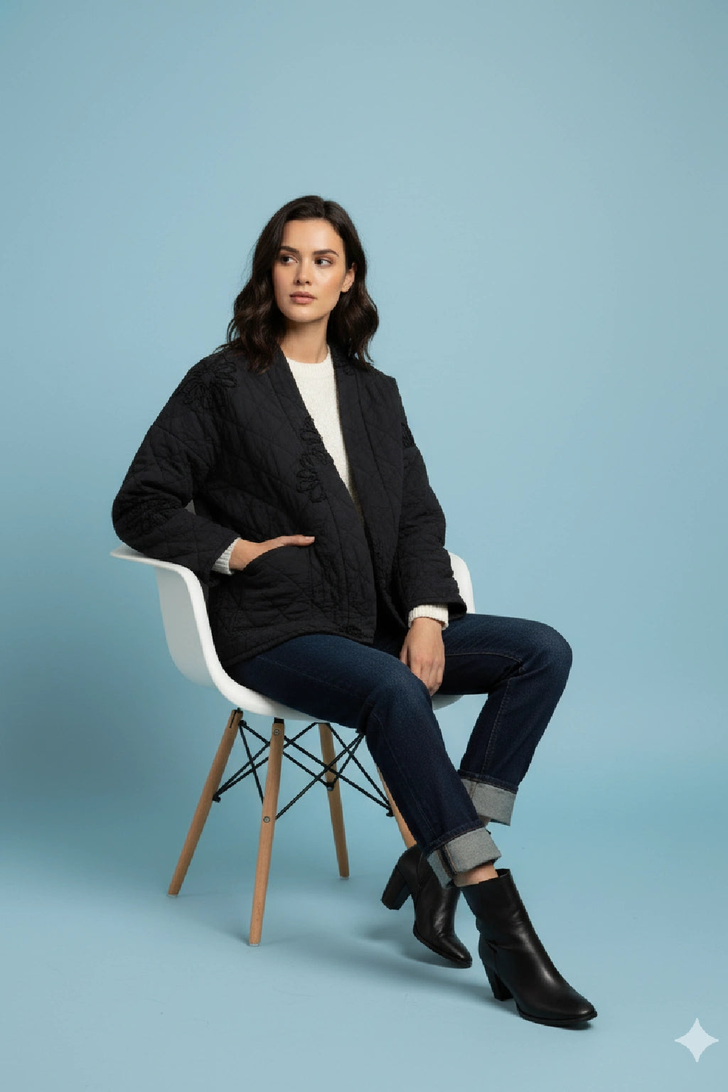 Quilted Kimono-Style Jacket with Floral Embroidery