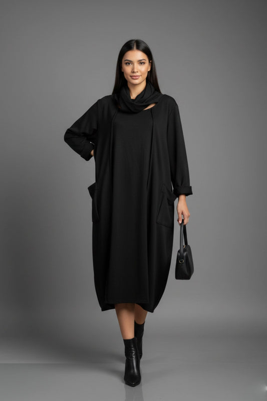 Oversized Long-Sleeve Casual Midi Dress with Cowl Neck