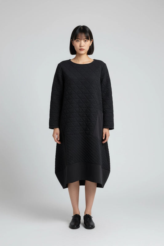 Quilted Black Midi Cocoon Dress Partywear