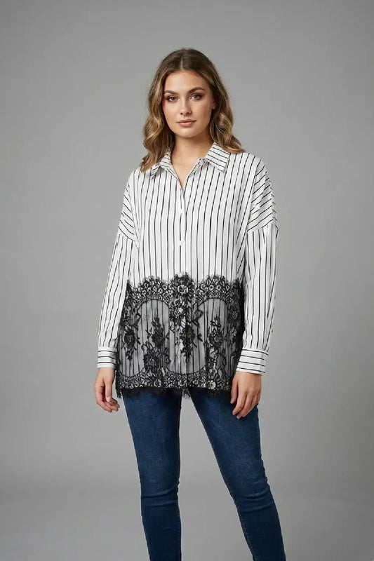 Women’s Striped Button-Down Shirt with Black Floral Lace Hem