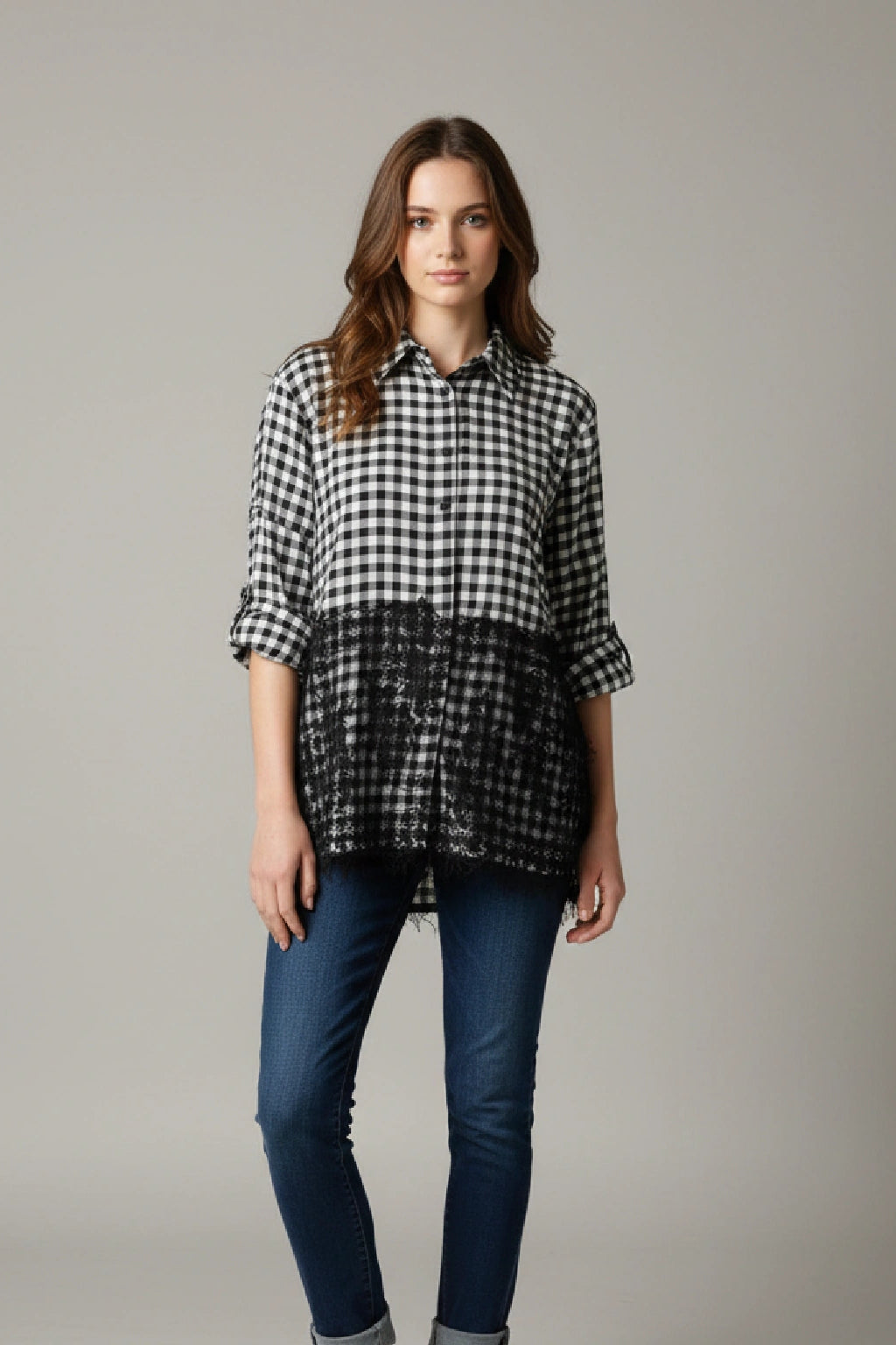 Women’s Gingham Button Down Shirt with Lace Detail