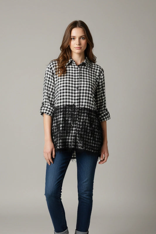 Women’s Gingham Button Down Shirt with Lace Detail