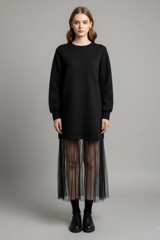 Textured Black Dress with Sheer Mesh Hem