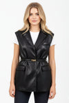 Women’s Faux Leather Belted Sleeveless Utility Style Jacket