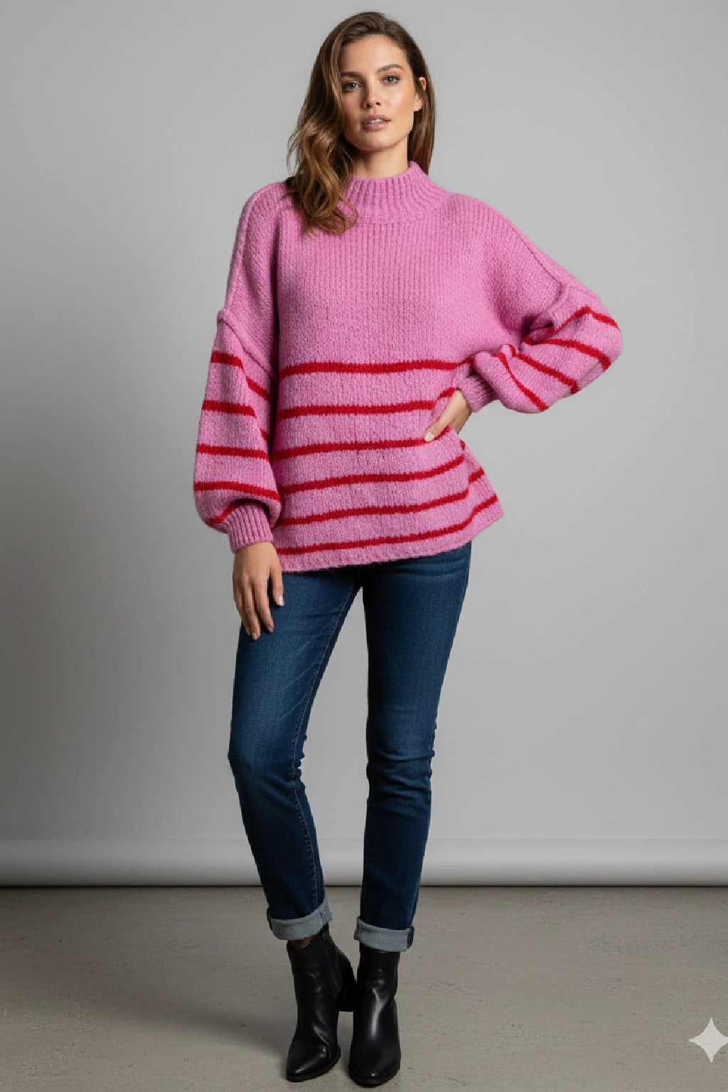 Wool Stripe Balloon Sleeve Jumper