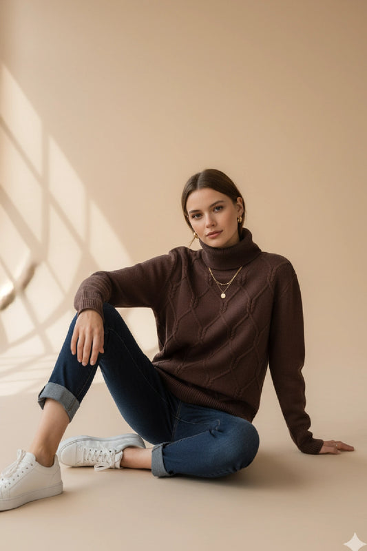 Women's Diamond Knit Polo Neck Jumper