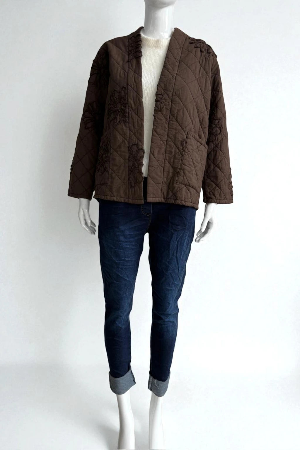 Quilted Kimono-Style Jacket with Floral Embroidery