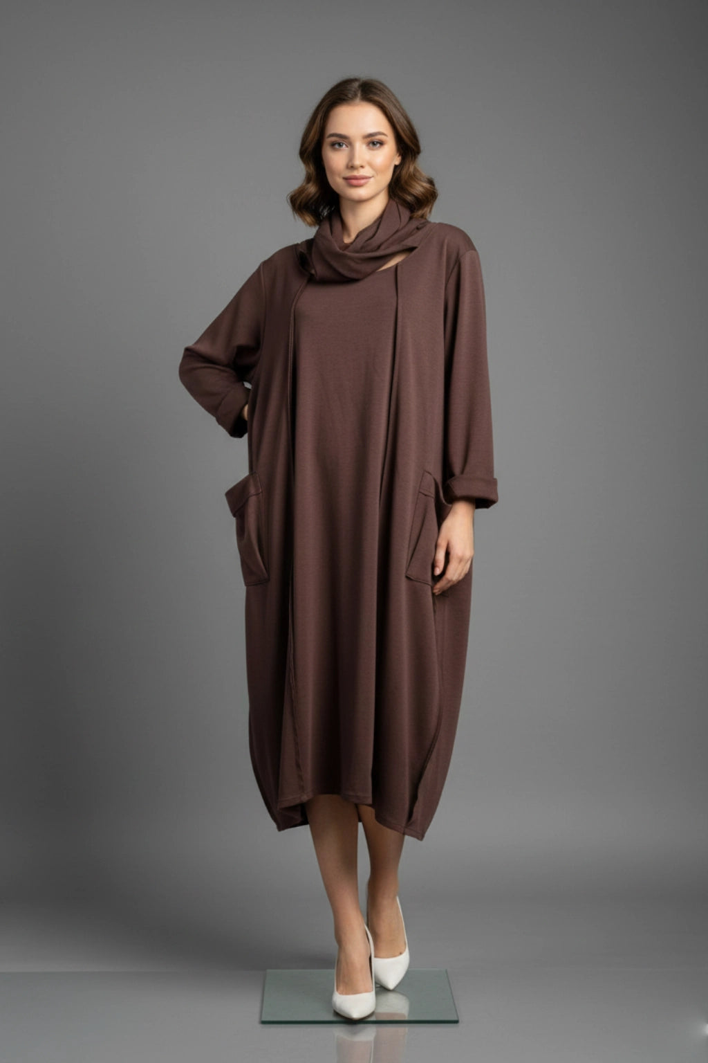 Oversized Long-Sleeve Casual Midi Dress with Cowl Neck