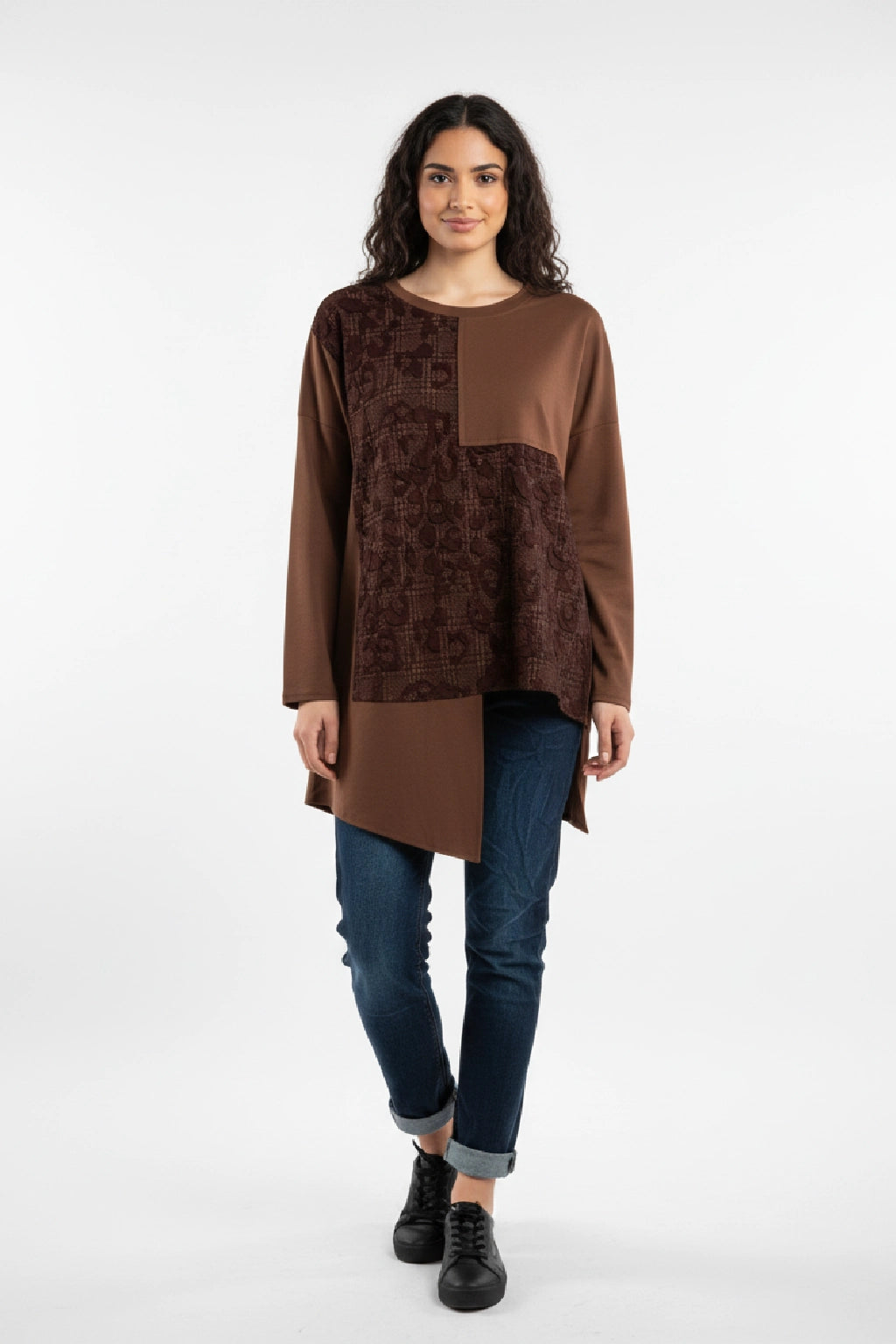 Asymmetric Pinstripe Patchwork  Long Sleeve Top