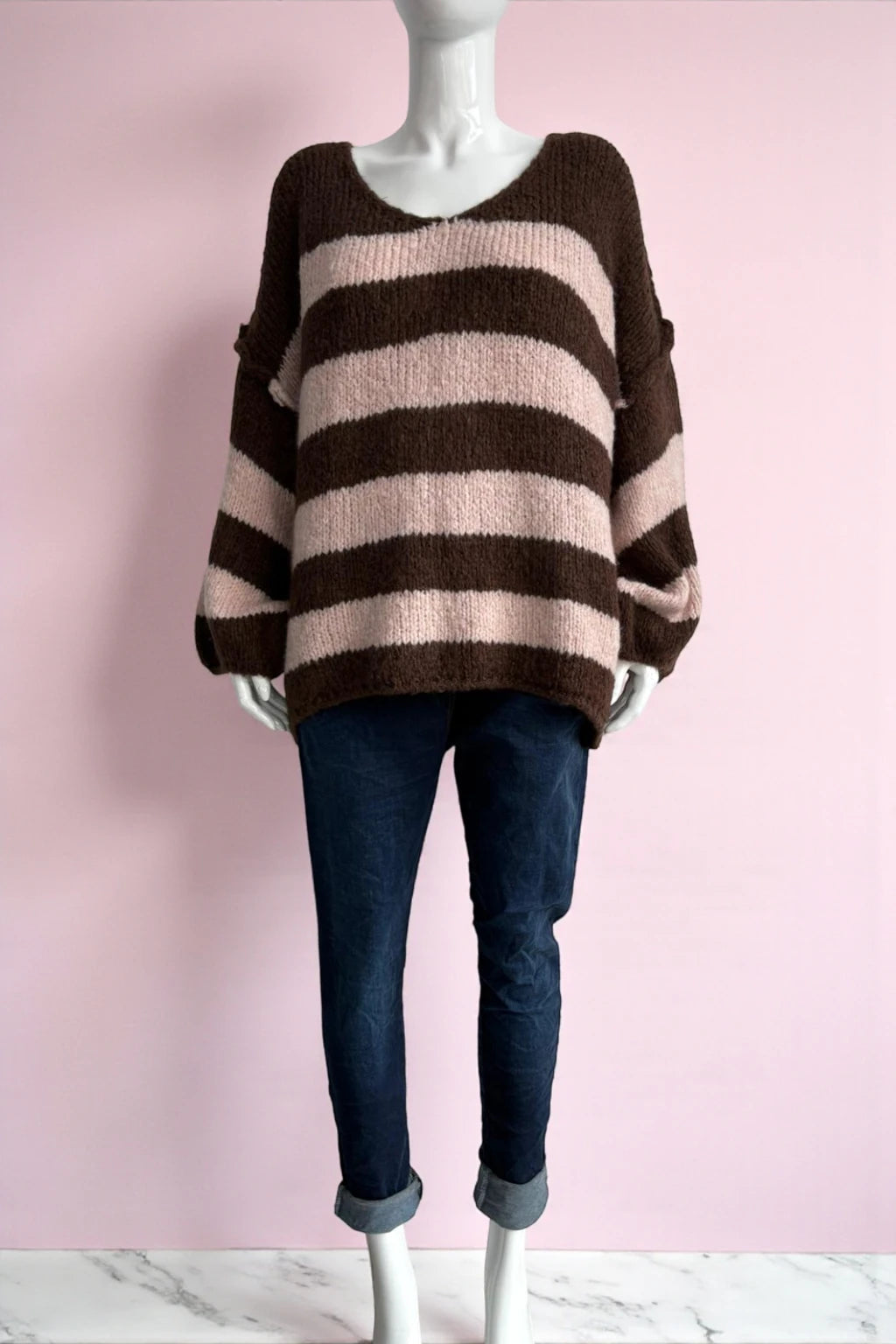 Wool V Neck Seam Out Stripe Jumper