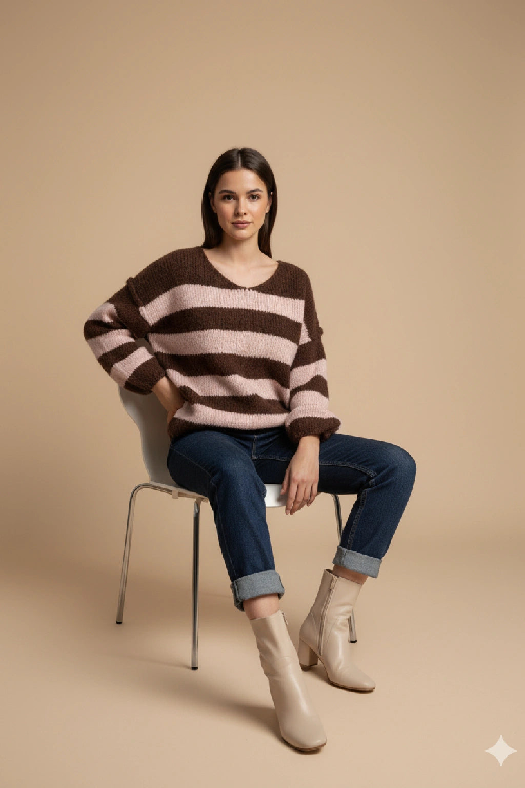Wool V Neck Seam Out Stripe Jumper