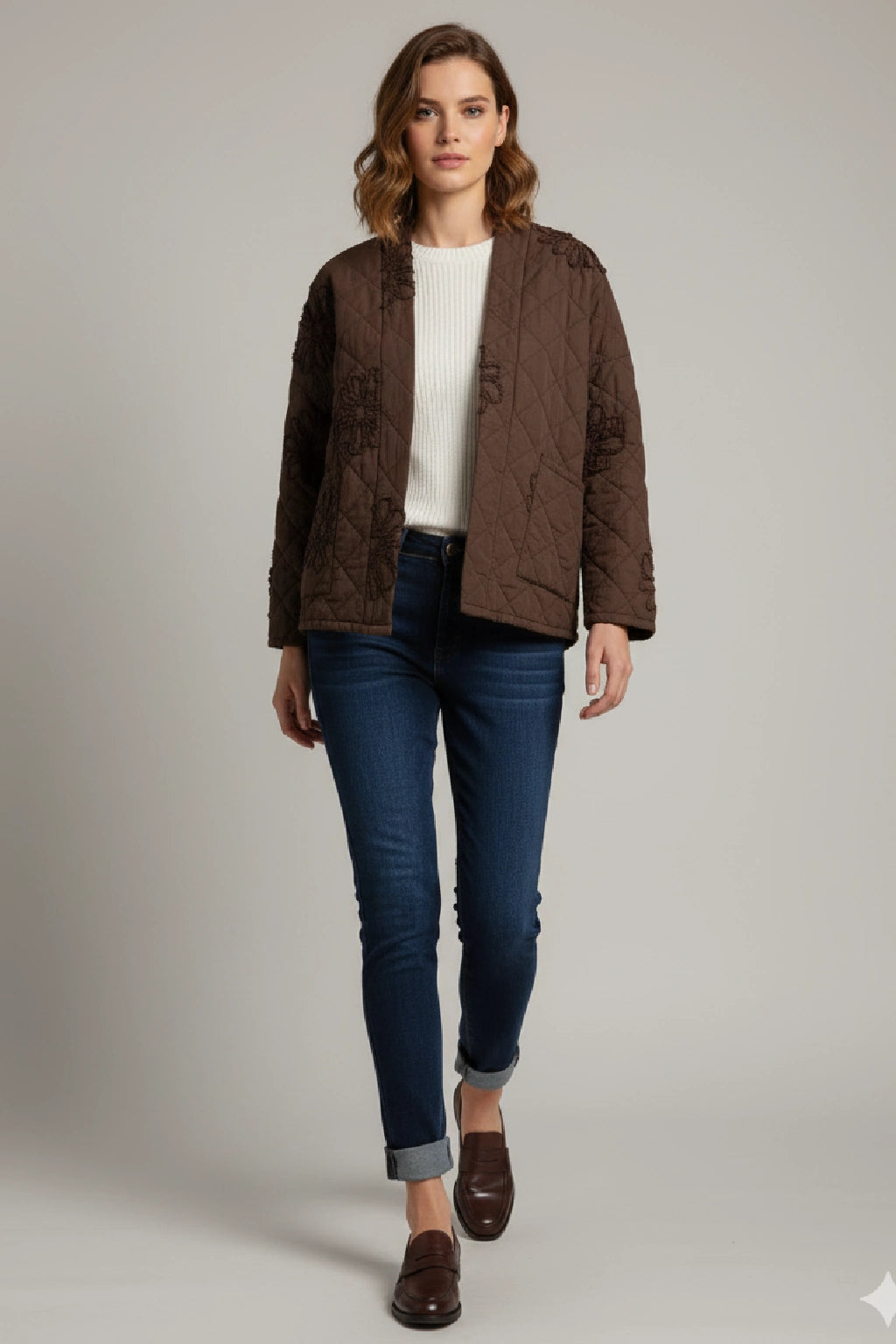 Quilted Kimono-Style Jacket with Floral Embroidery