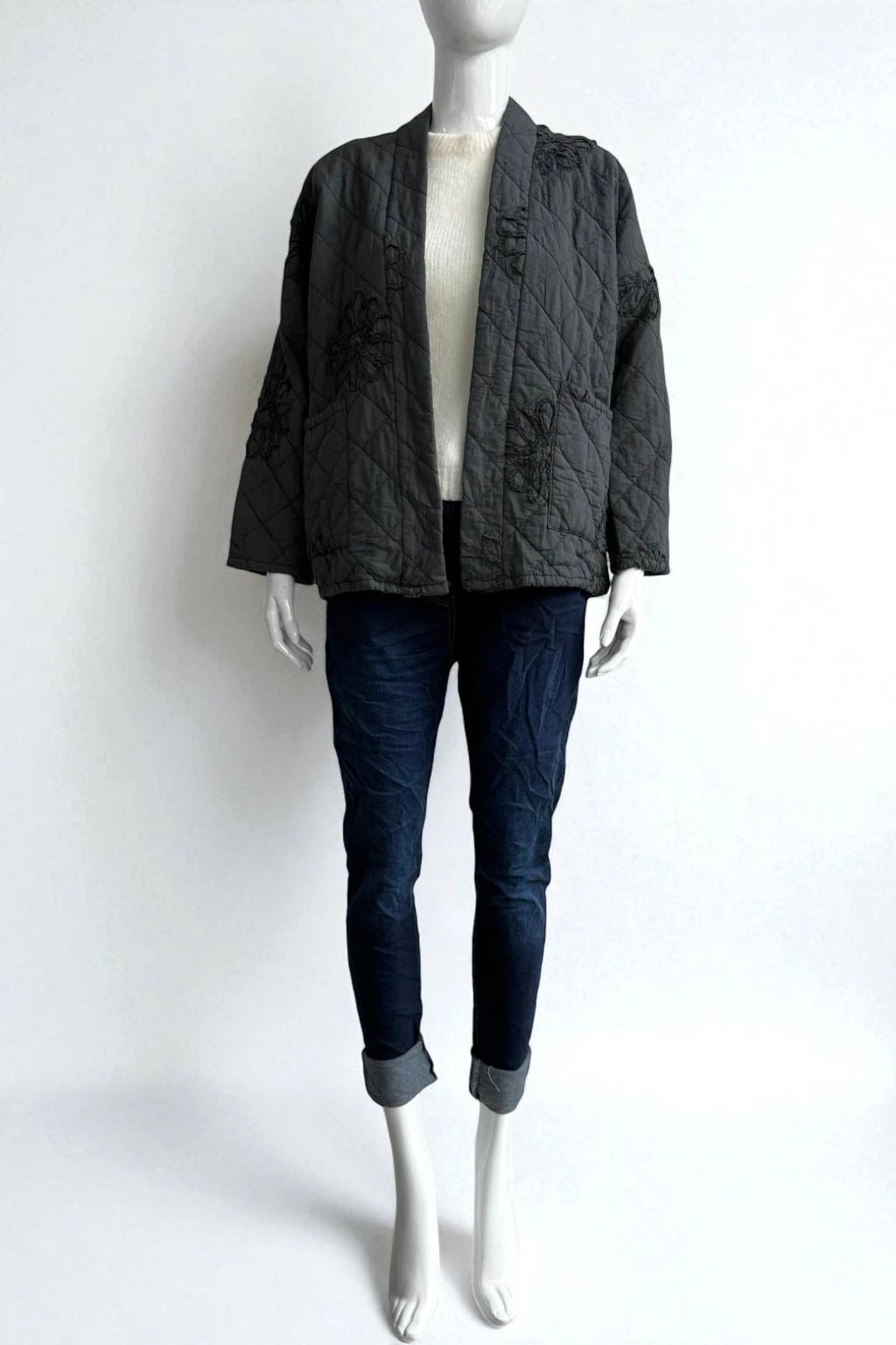 Quilted Kimono-Style Jacket with Floral Embroidery