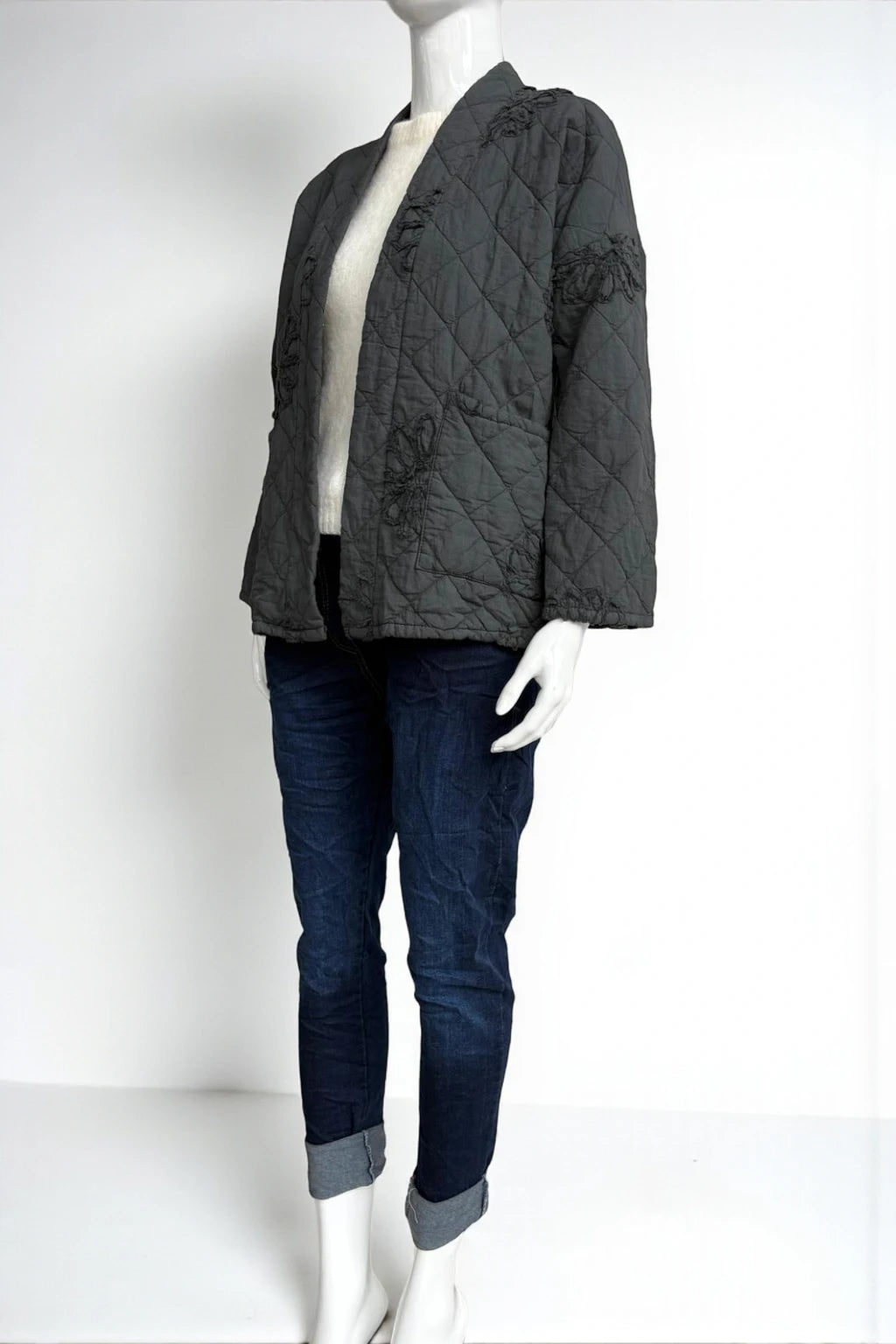 Quilted Kimono-Style Jacket with Floral Embroidery