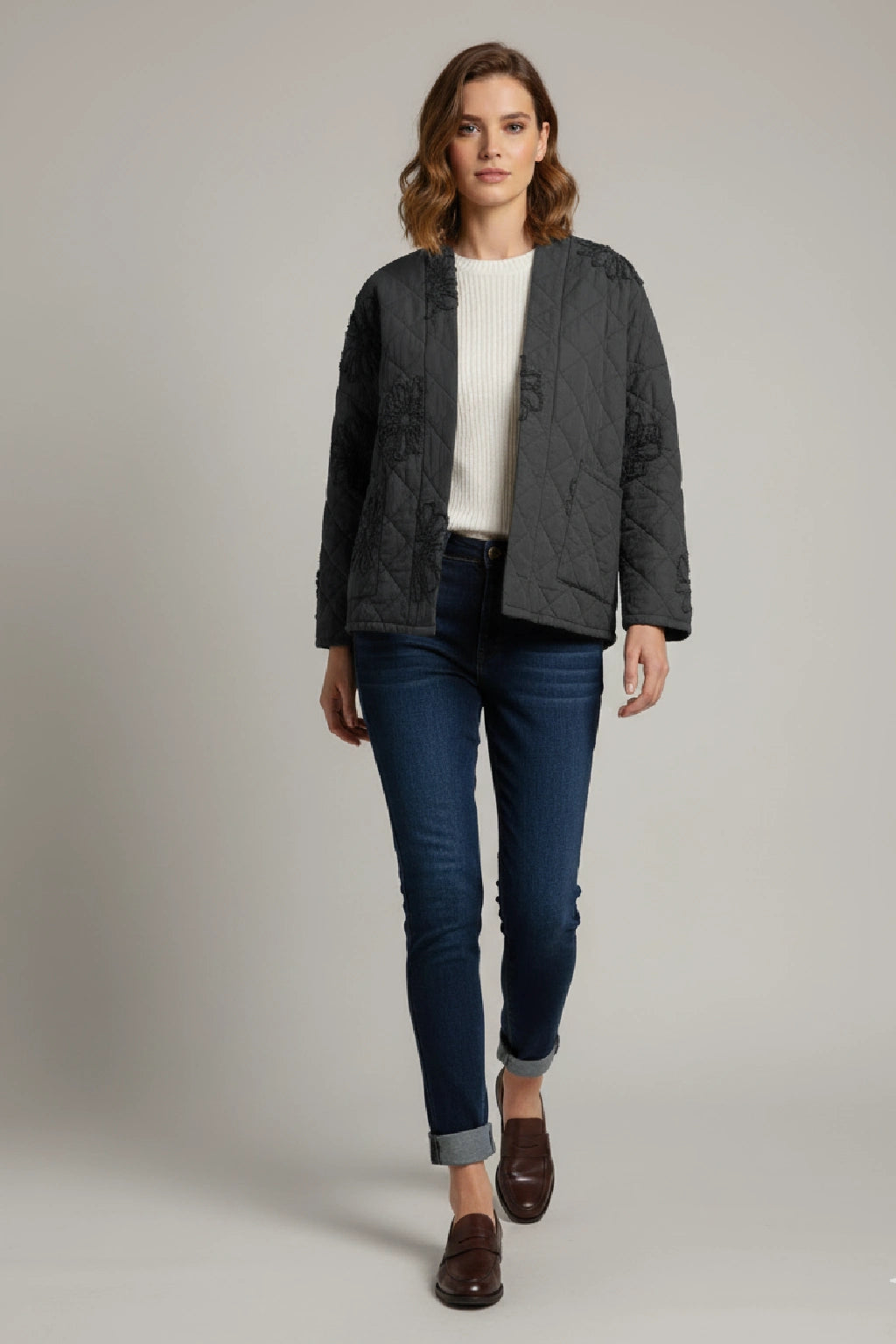 Quilted Kimono-Style Jacket with Floral Embroidery