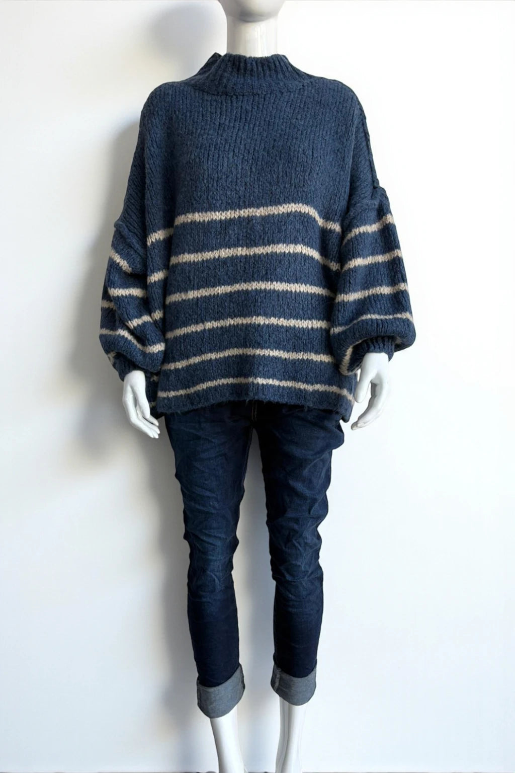 Wool Stripe Balloon Sleeve Jumper
