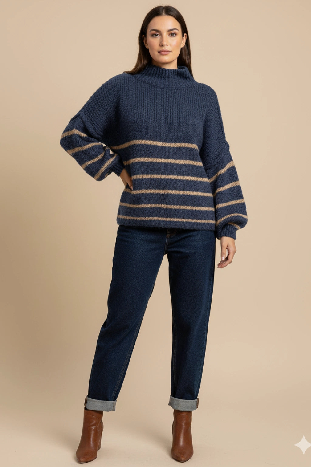 Wool Stripe Balloon Sleeve Jumper