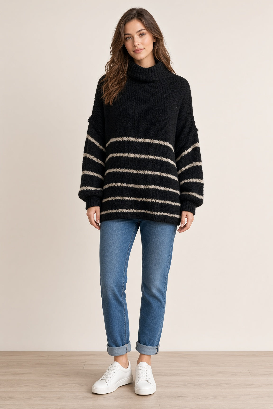 Wool Stripe Balloon Sleeve Jumper