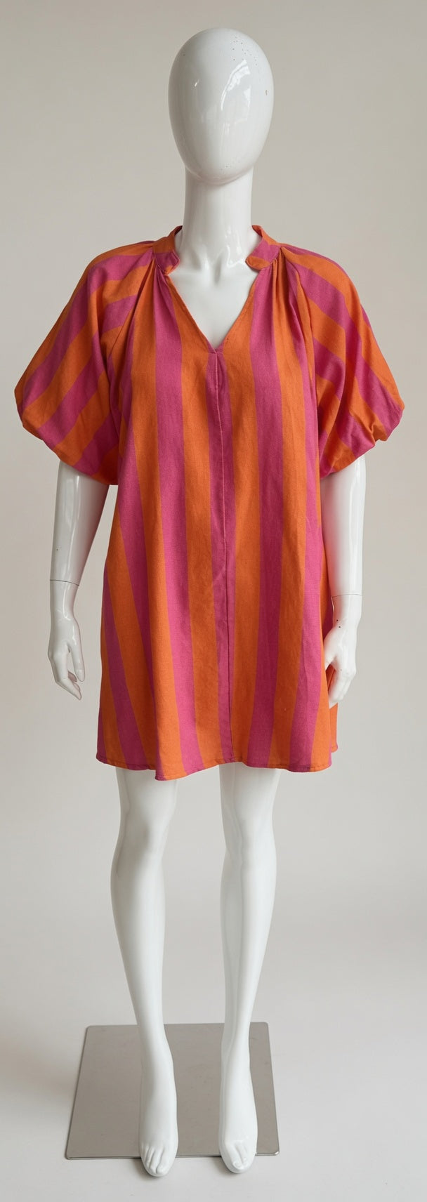 Stripe V Neck Balloon Sleeve Dress