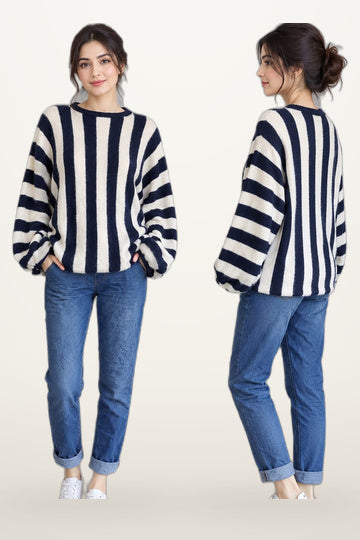 Zetaotto Balloon Sleeve Stripe Jumper