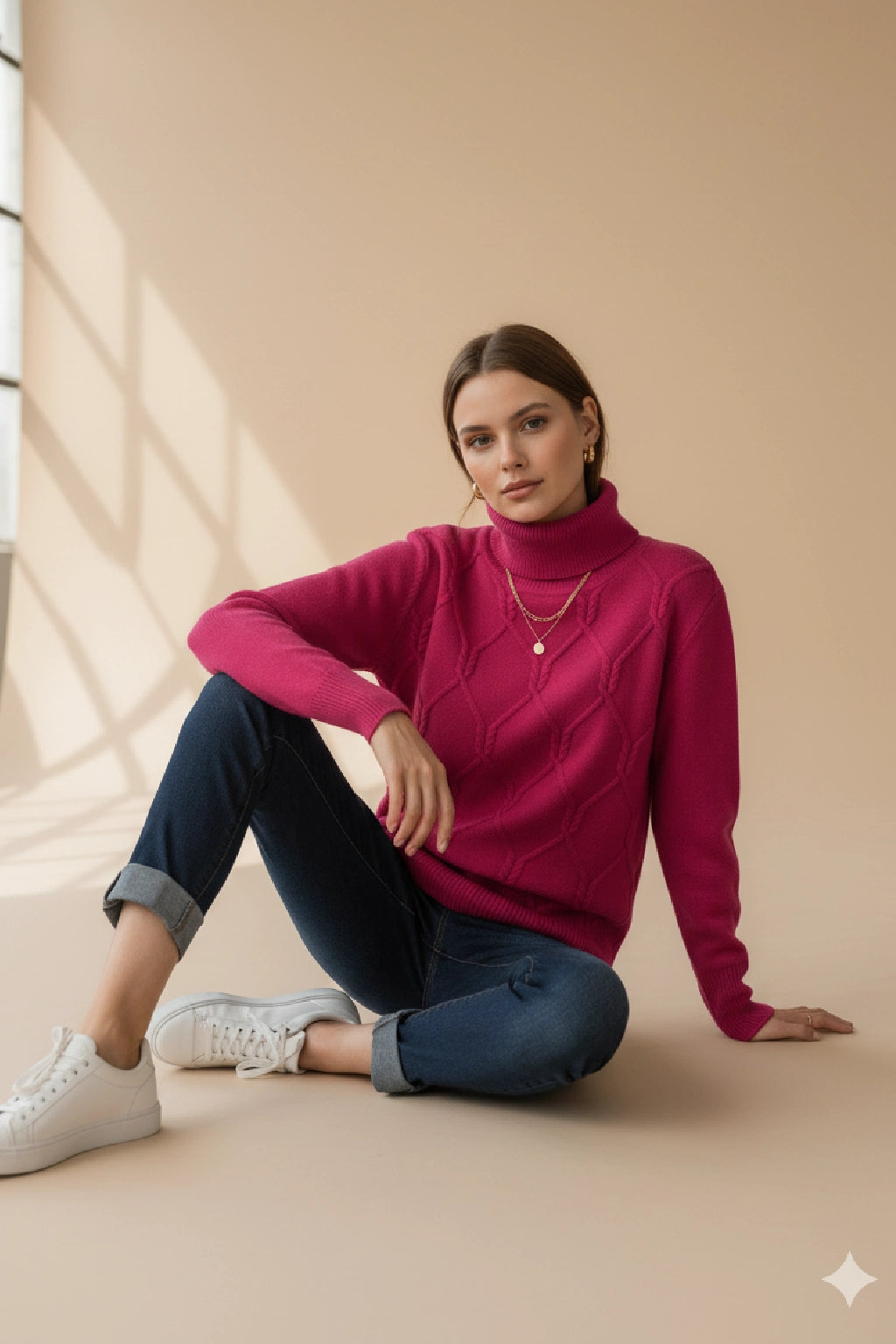 Women's Diamond Knit Polo Neck Jumper