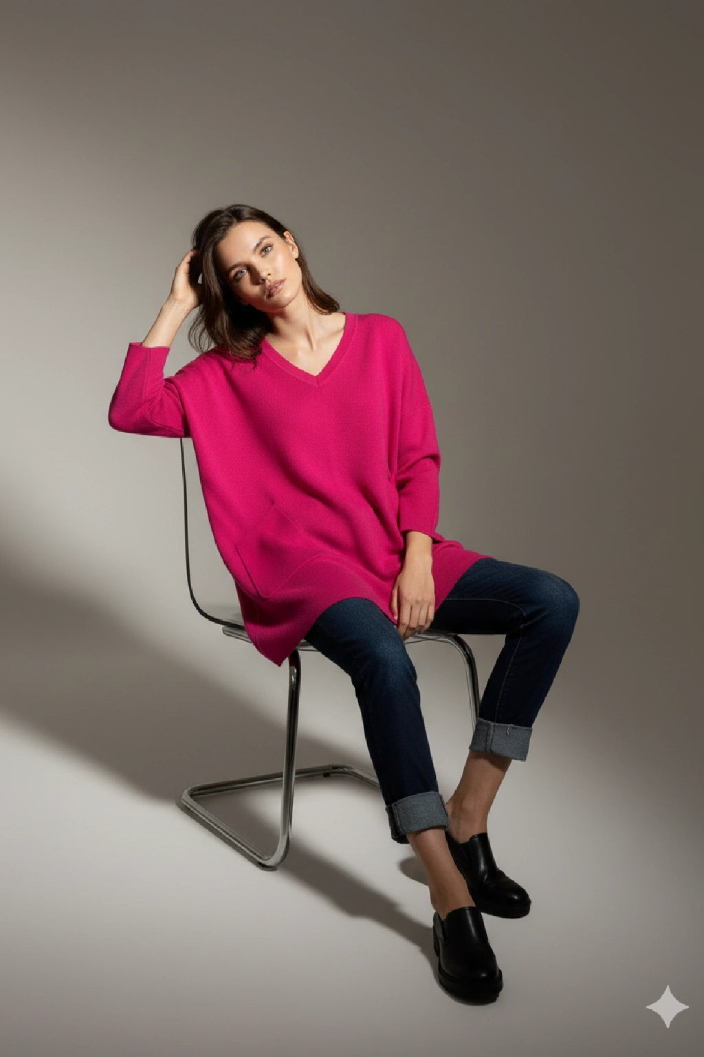 Women's Oversized V-Neck Jumper with Front Pockets